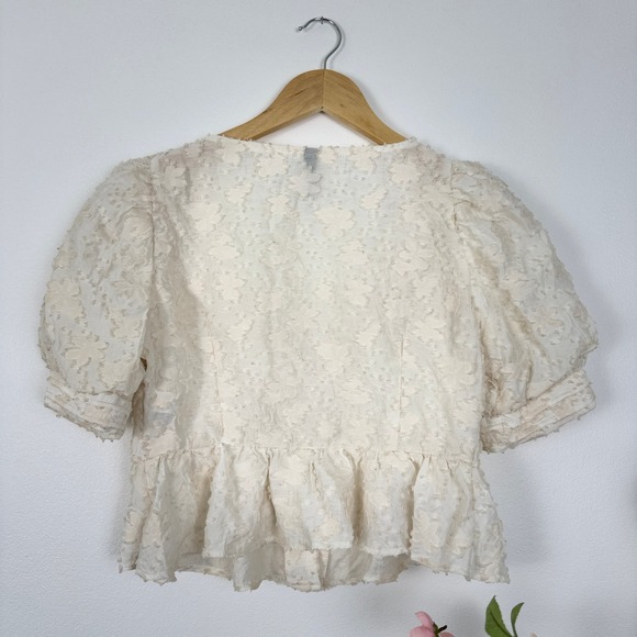 Zara‎ Floral Texture Peplum Top Womens Size S Puff Sleeve Blouse Cream - Picture 3 of 16